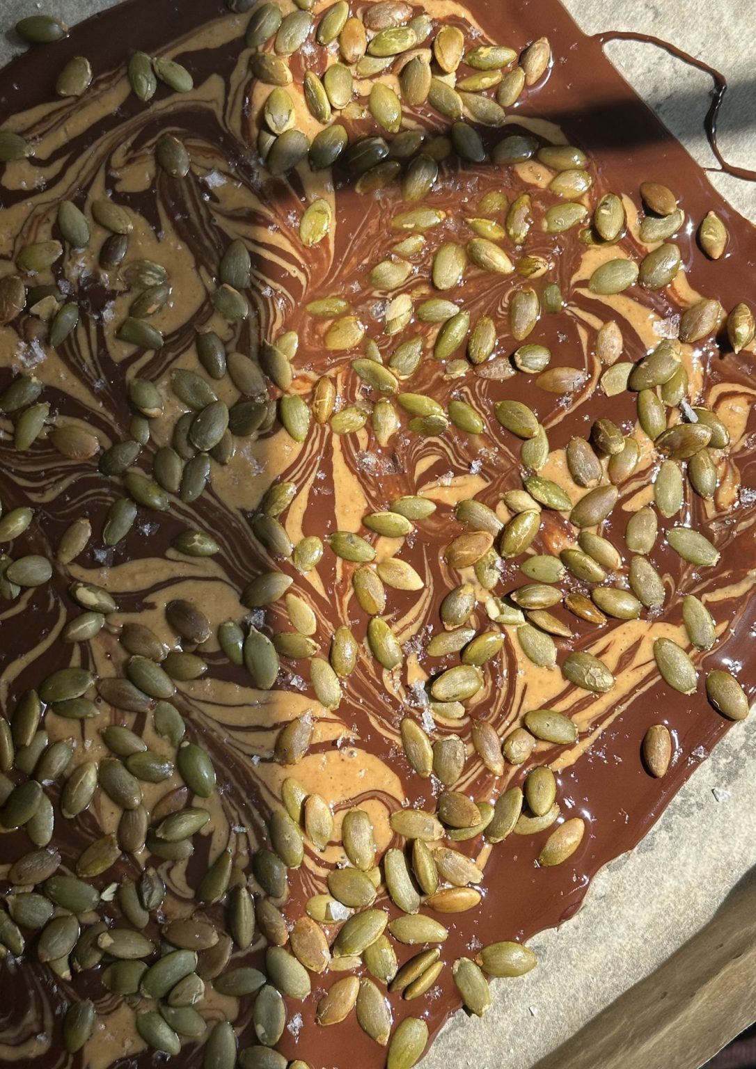 Dark Chocolate & Peanut Butter Bark with Toasted Pumpkin Seeds and Flakey Salt