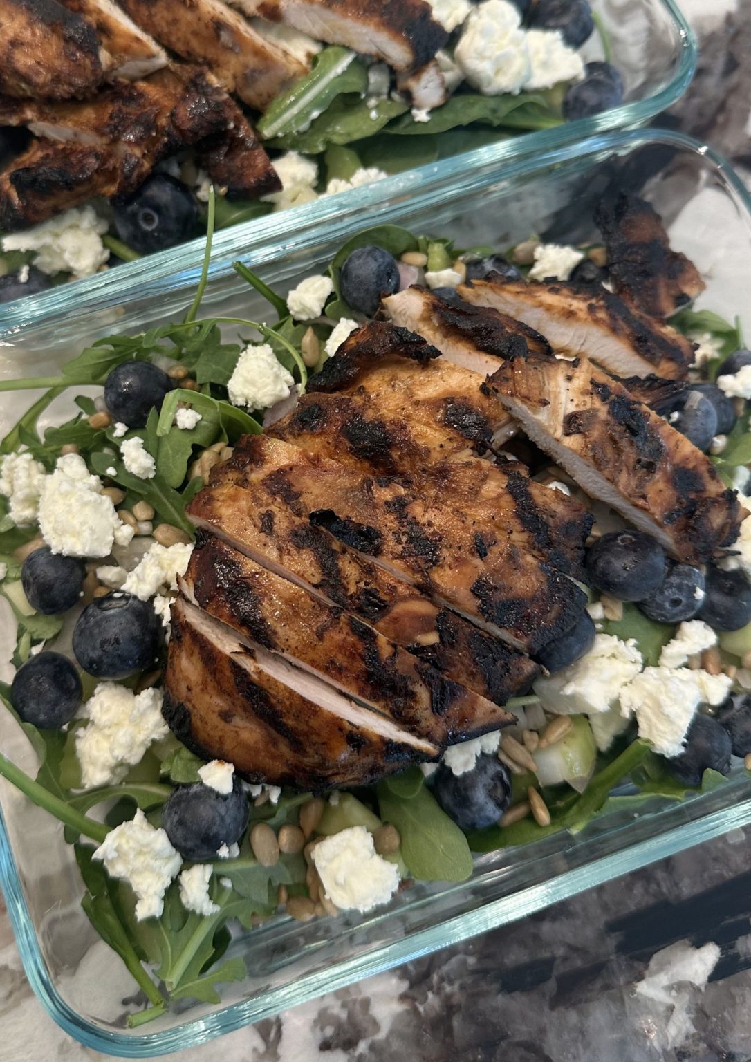 Blueberry Feta Salad With Grilled Chicken, Sunflower Seeds, Celery, and Honey Balsamic