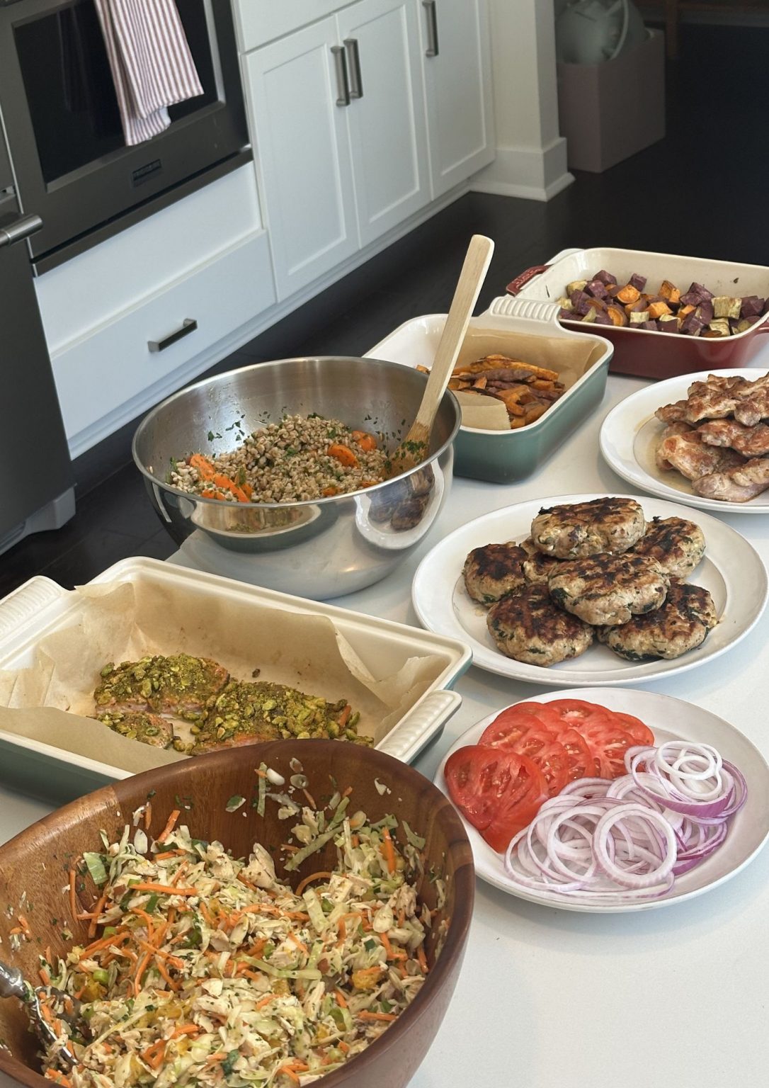 Spinach & Feta Turkey Burger Spread, Pistachio Crusted Salmon, Grilled Chicken, Sides, and Fresh Salads